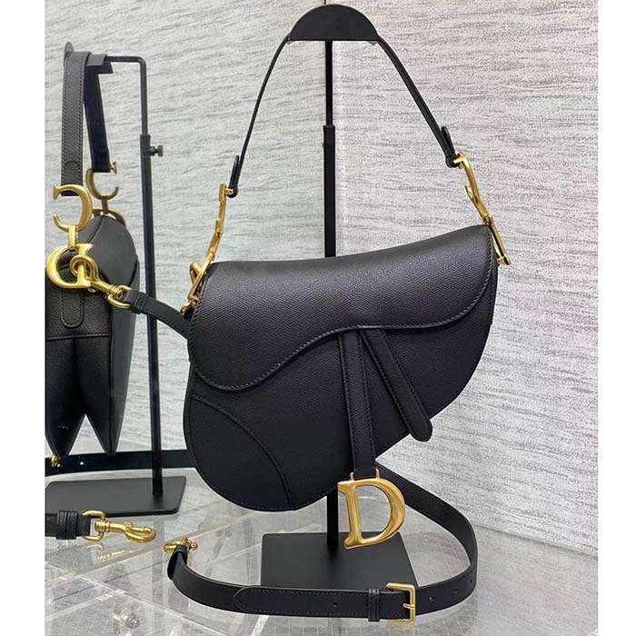 Dior Women Saddle Bag Strap Black Grained Calfskin CD Signature Interior Back Pocket