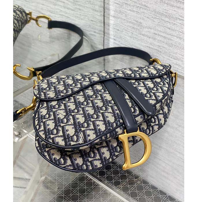 Dior Women Saddle Bag Strap Blue Dior Oblique Jacquard CD Signature Interior Back Pocket