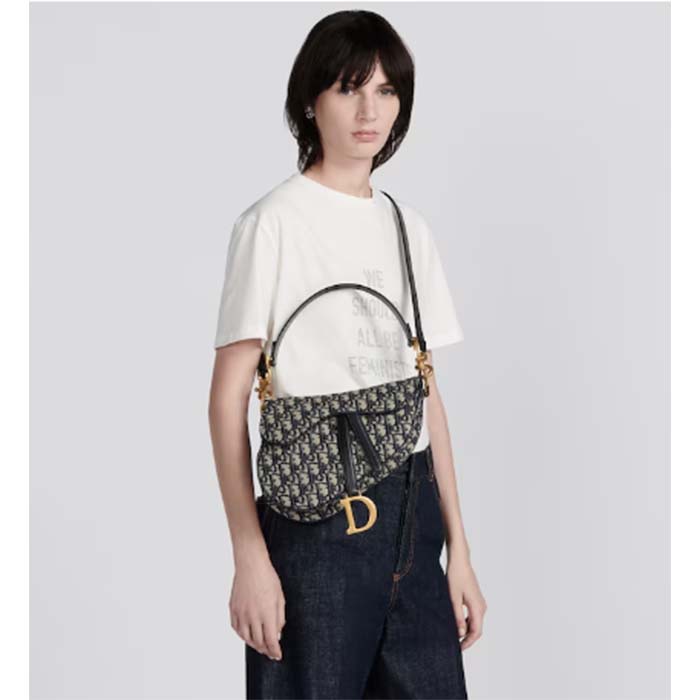 Dior Women Saddle Bag Strap Blue Dior Oblique Jacquard CD Signature Interior Back Pocket