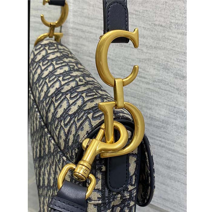 Dior Women Saddle Bag Strap Blue Dior Oblique Jacquard CD Signature Interior Back Pocket