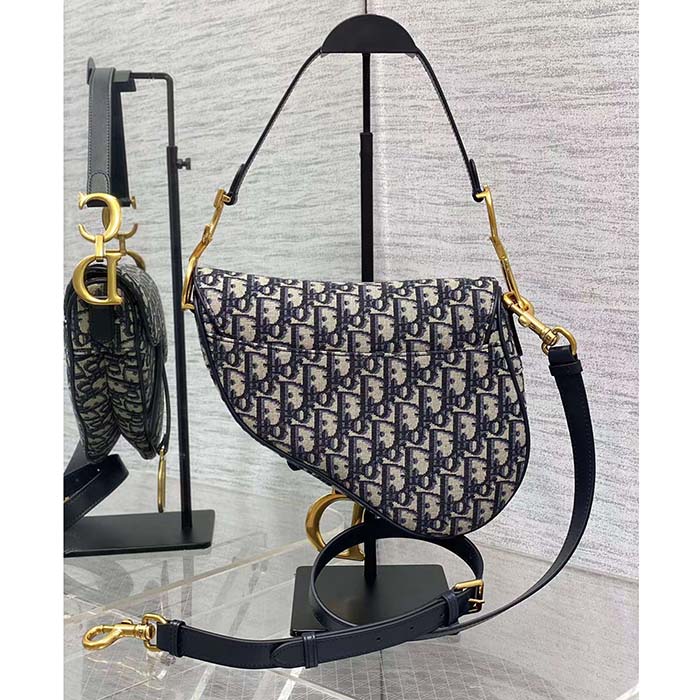 Dior Women Saddle Bag Strap Blue Dior Oblique Jacquard CD Signature Interior Back Pocket