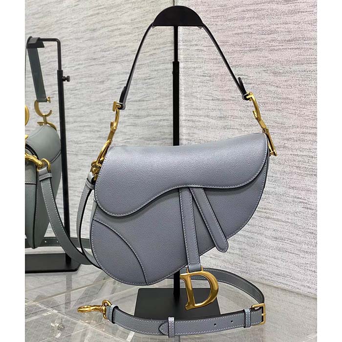 Dior Women Saddle Bag Strap Gray Grained Calfskin CD Signature Interior Back Pocket