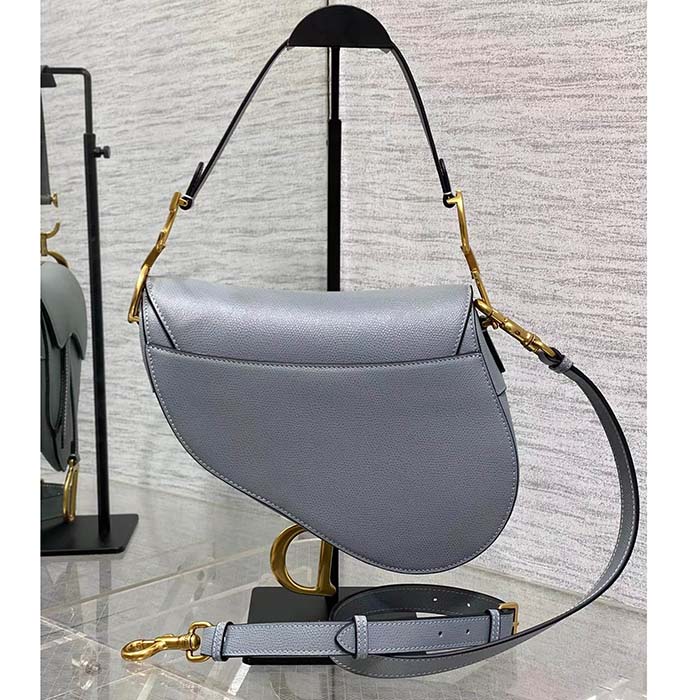 Dior Women Saddle Bag Strap Gray Grained Calfskin CD Signature Interior Back Pocket