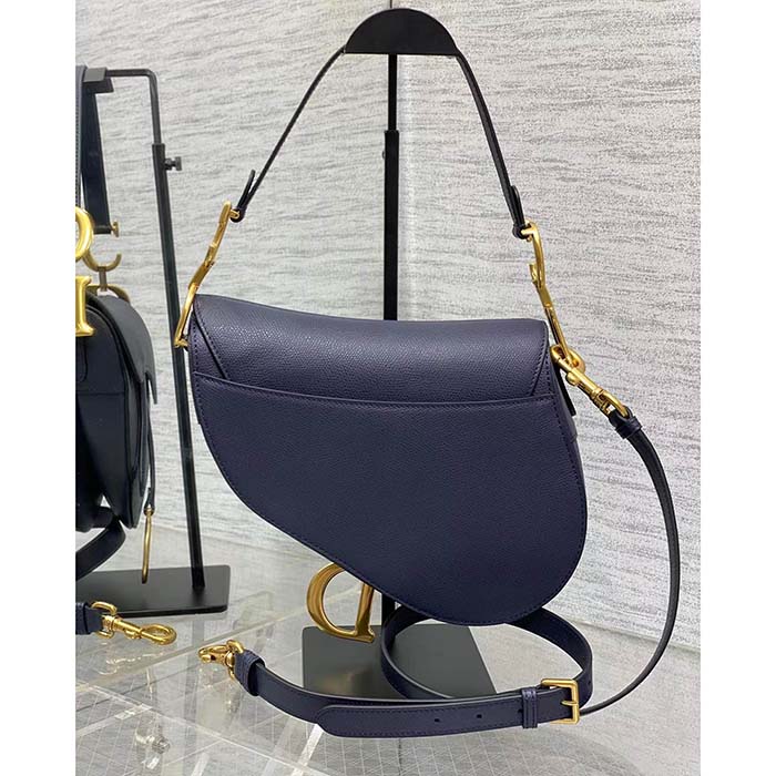 Dior Women Saddle Bag Strap Indigo Blue Grained Calfskin CD Signature Interior Back Pocket