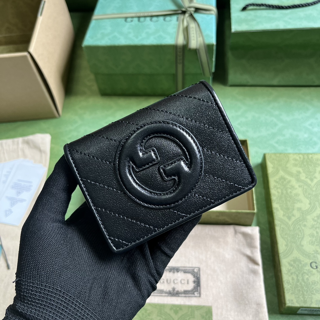 G*u*i gg unisex blondie card case wallet black leather taffeta lining round interlocking g
