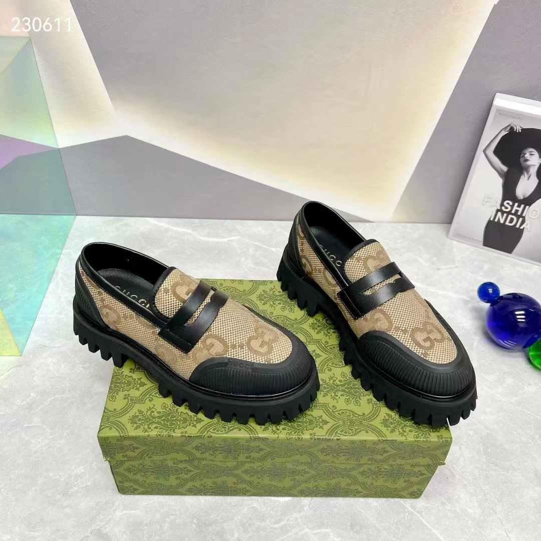 G*u*i gg unisex maxi gg loafer camel ebony canvas rubber eva sole low-heel