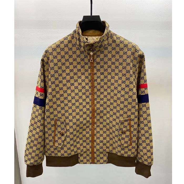 G*u*i men gg cotton canvas zip jacket beige blue leather lined stand collar buttons