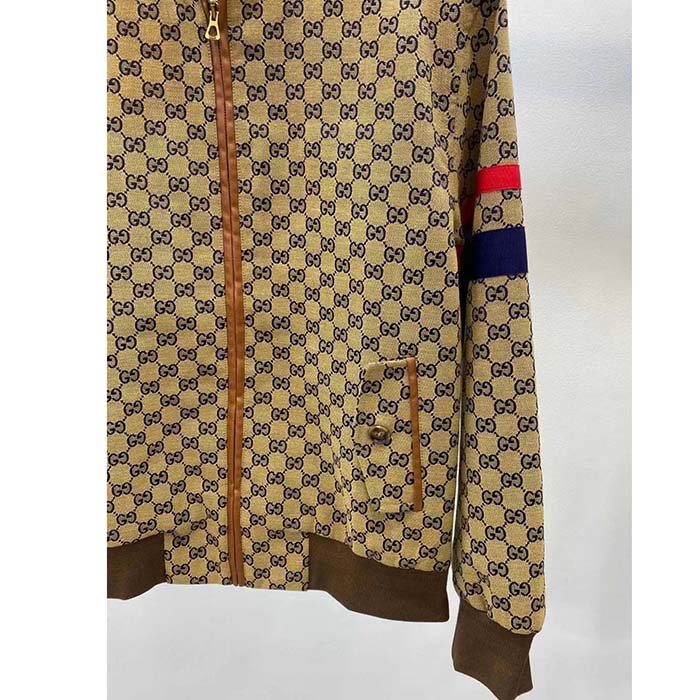 G*u*i men gg cotton canvas zip jacket beige blue leather lined stand collar buttons