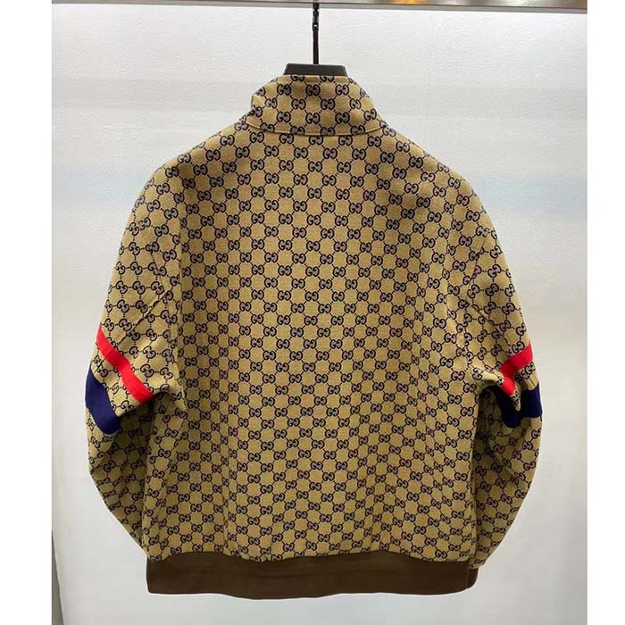 G*u*i men gg cotton canvas zip jacket beige blue leather lined stand collar buttons