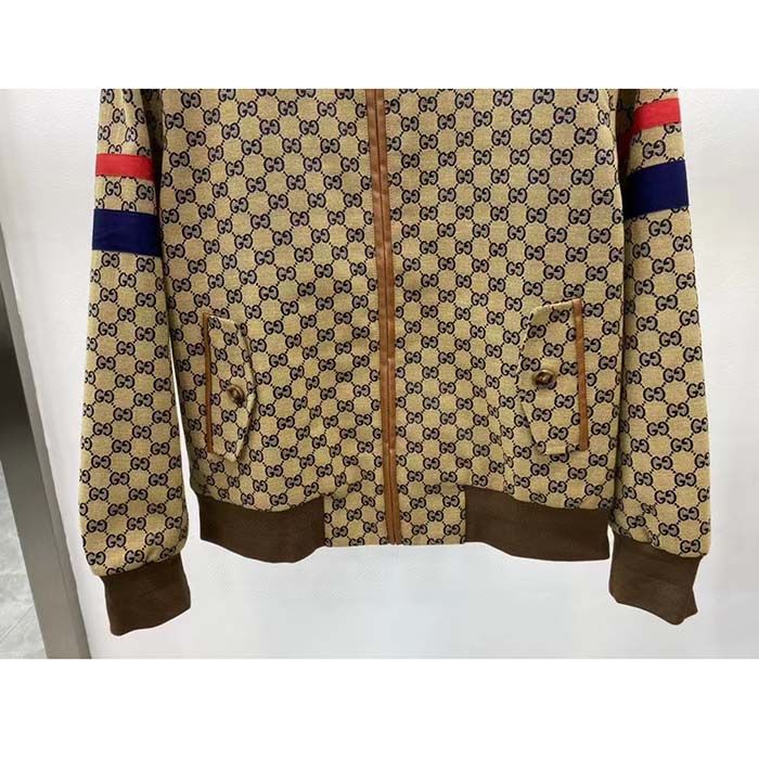 G*u*i men gg cotton canvas zip jacket beige blue leather lined stand collar buttons