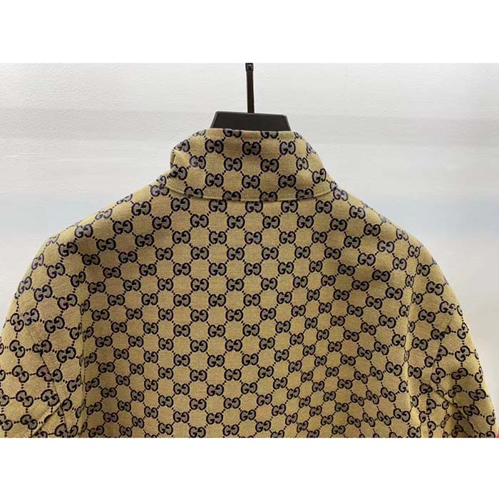 G*u*i men gg cotton canvas zip jacket beige blue leather lined stand collar buttons