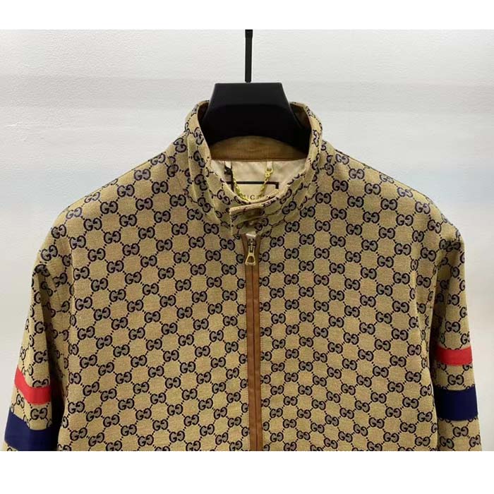 G*u*i men gg cotton canvas zip jacket beige blue leather lined stand collar buttons