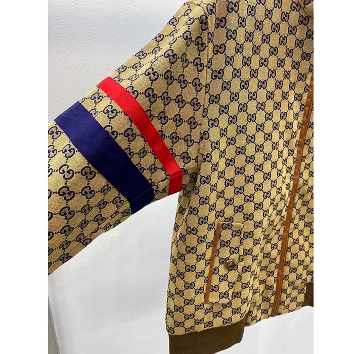 G*u*i men gg cotton canvas zip jacket beige blue leather lined stand collar buttons