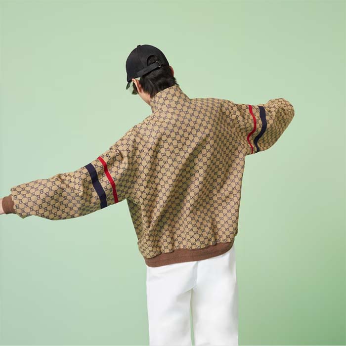 G*u*i men gg cotton canvas zip jacket beige blue leather lined stand collar buttons