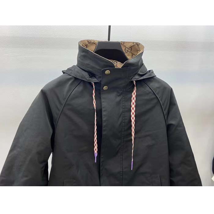 G*u*i women reversible poplin jacket black polyester piping green red beige ebony gg canvas