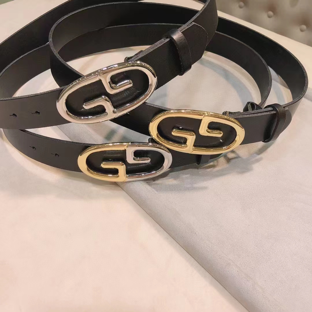 G*u*i unisex belt two-toned metal gg buckle black leather 3.3 cm width