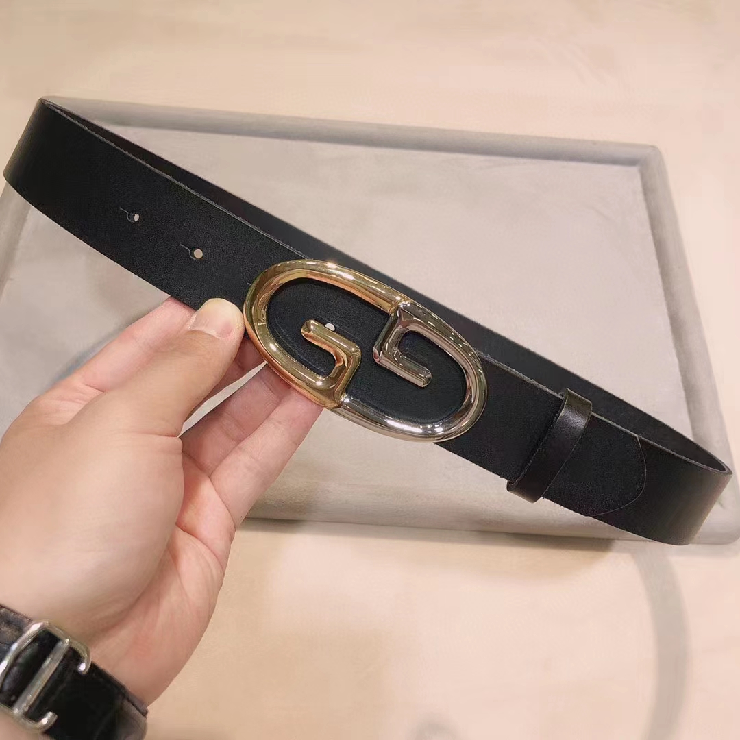 G*u*i unisex belt two-toned metal gg buckle black leather 3.3 cm width