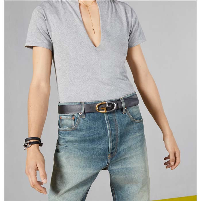G*u*i unisex belt two-toned metal gg buckle black leather 3.3 cm width