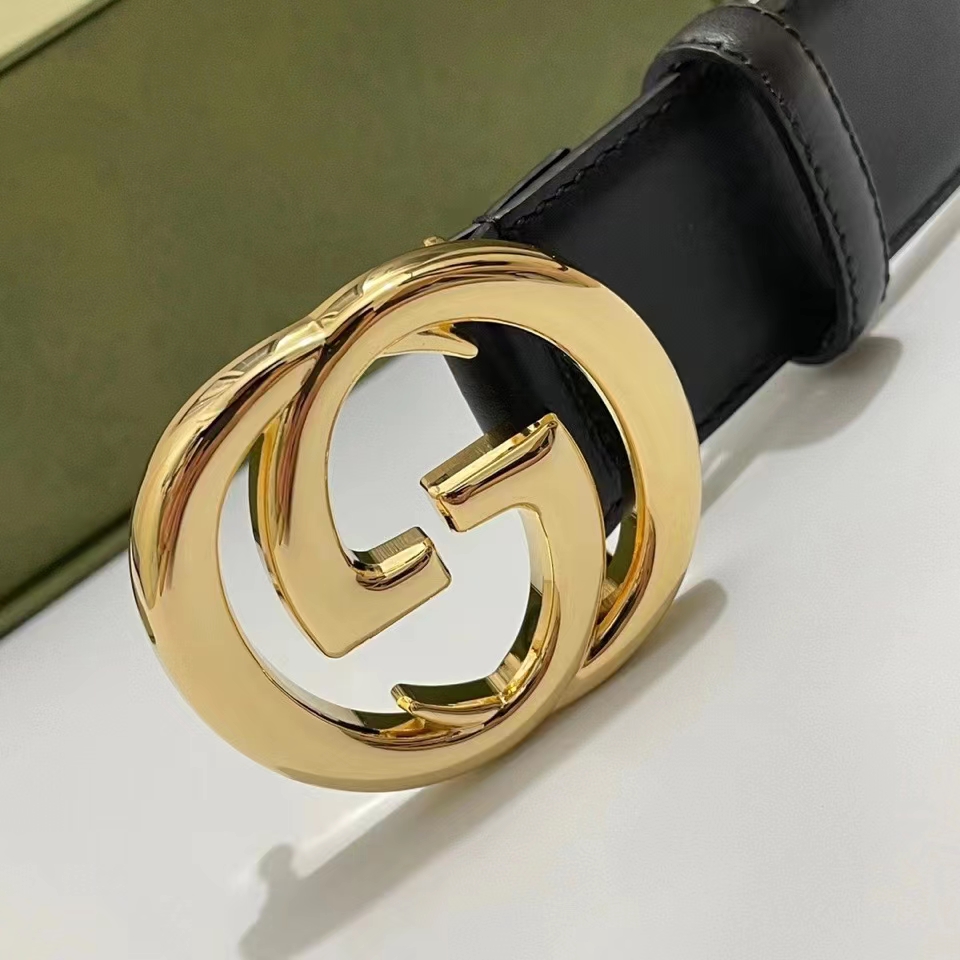 G*u*i unisex blondie belt black leather round interlocking g buckle 4 cm width