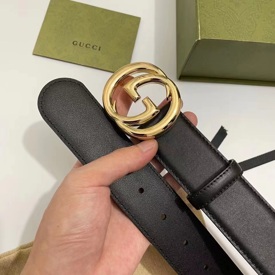 G*u*i unisex blondie belt black leather round interlocking g buckle 4 cm width