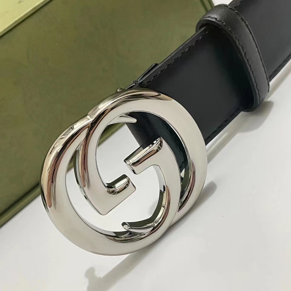 G*u*i unisex blondie belt black leather round interlocking g buckle palladium-toned hardware 4 cm width
