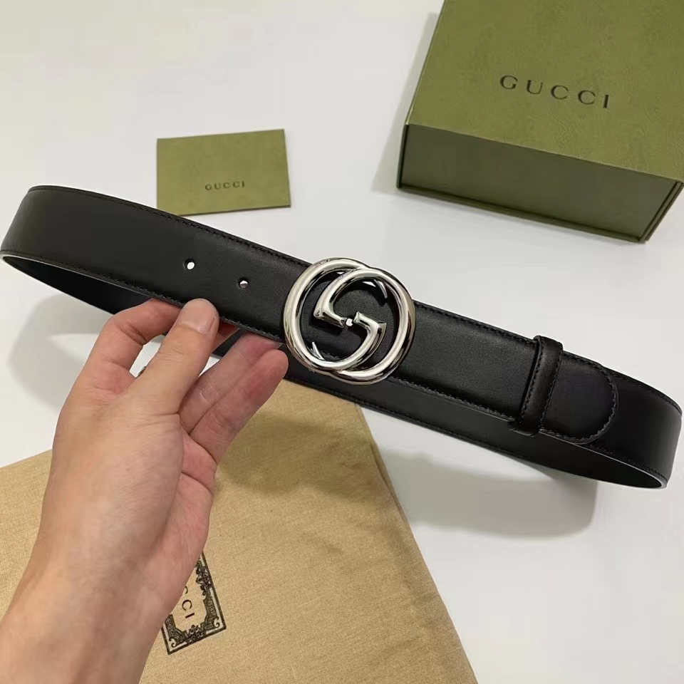 G*u*i unisex blondie belt black leather round interlocking g buckle palladium-toned hardware 4 cm width
