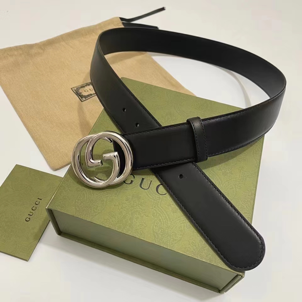 G*u*i unisex blondie belt black leather round interlocking g buckle palladium-toned hardware 4 cm width
