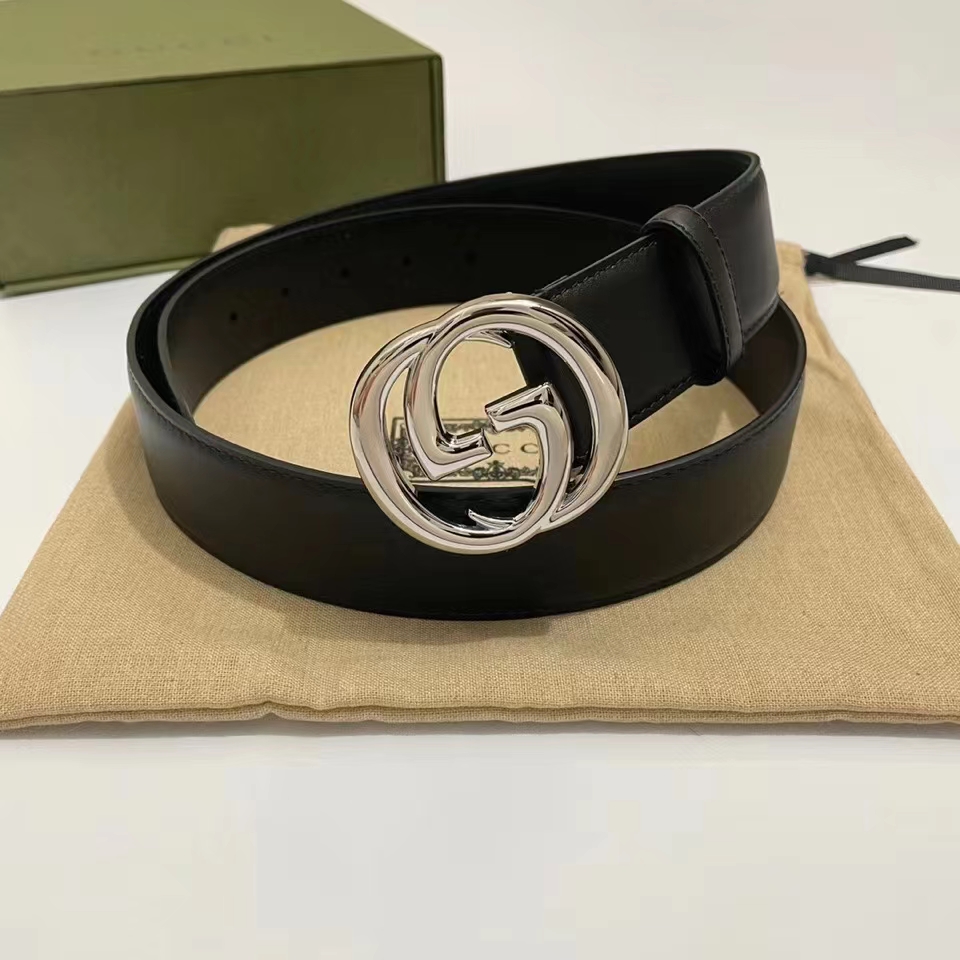 G*u*i unisex gg blondie belt black leather round interlocking g buckle 4 cm width