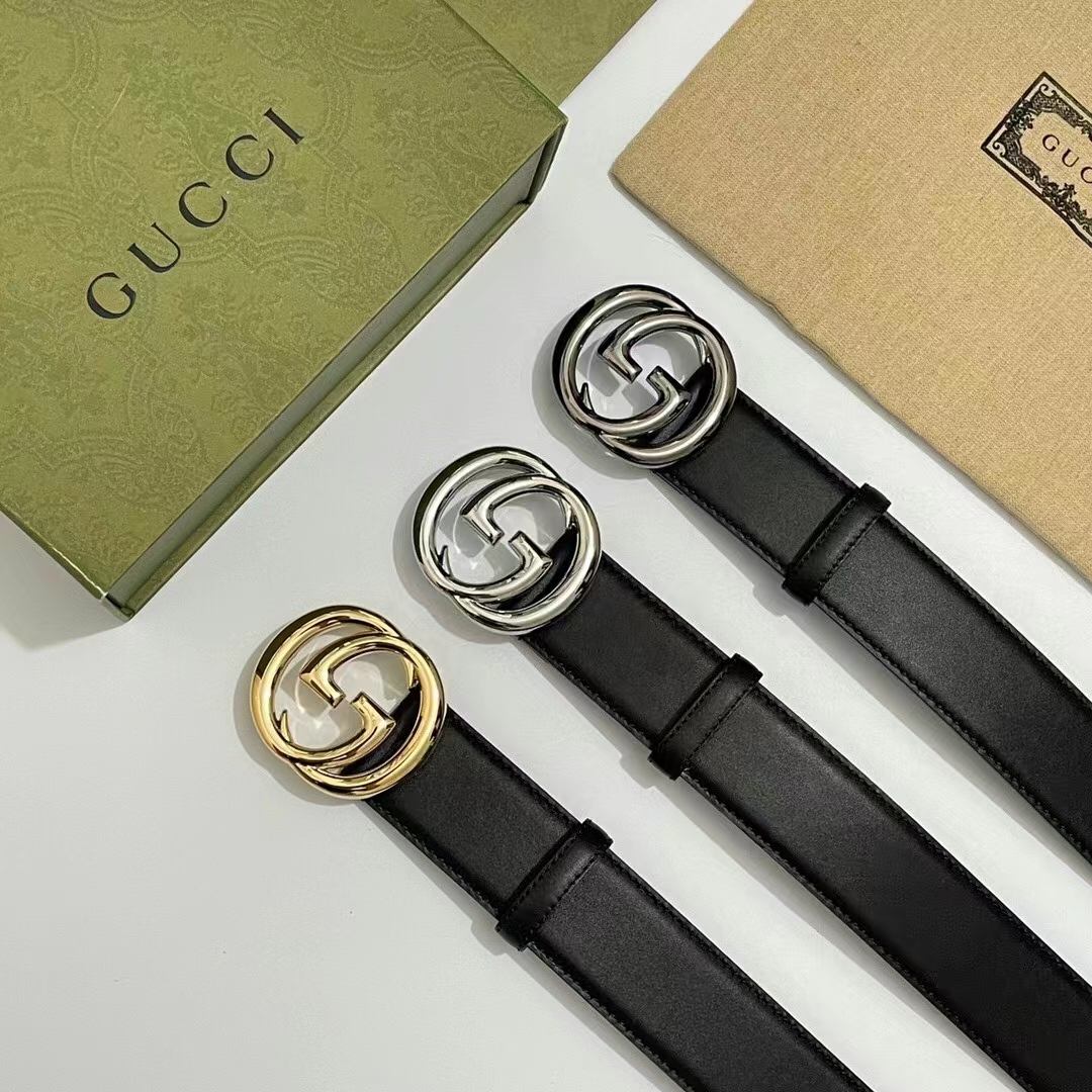 G*u*i unisex gg blondie belt black leather round interlocking g buckle 4 cm width