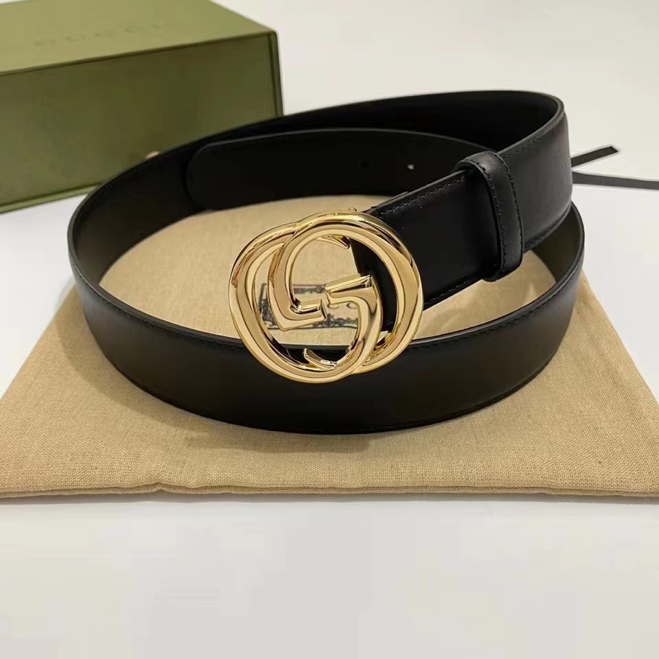 G*u*i unisex gg blondie belt round interlocking g buckle black leather 4 cm width