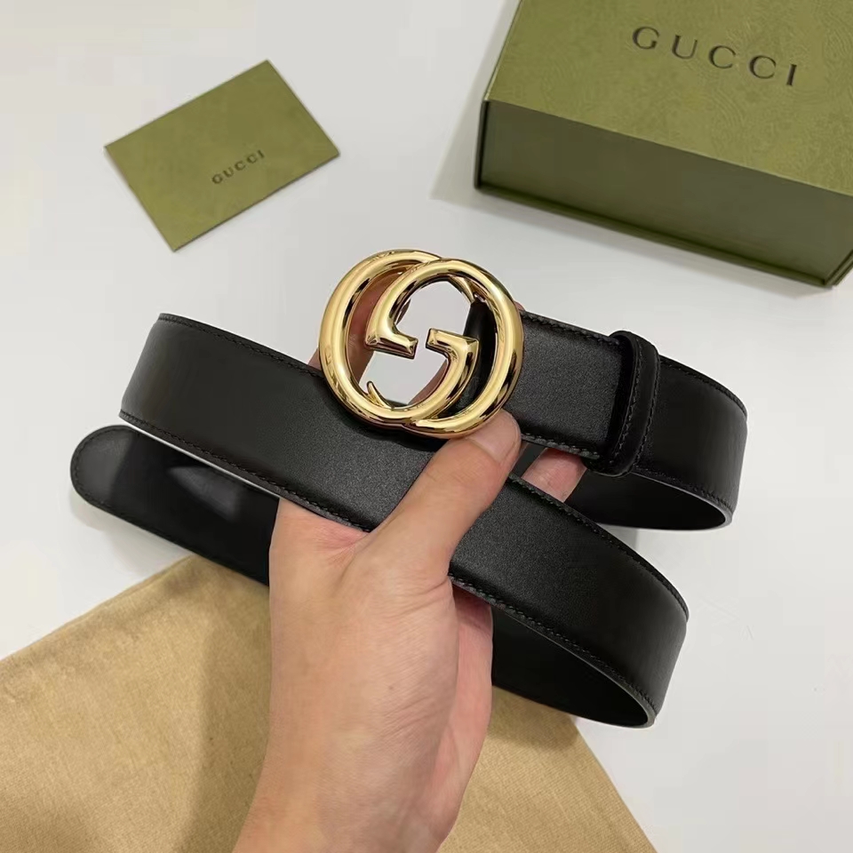 G*u*i unisex gg blondie belt round interlocking g buckle black leather 4 cm width