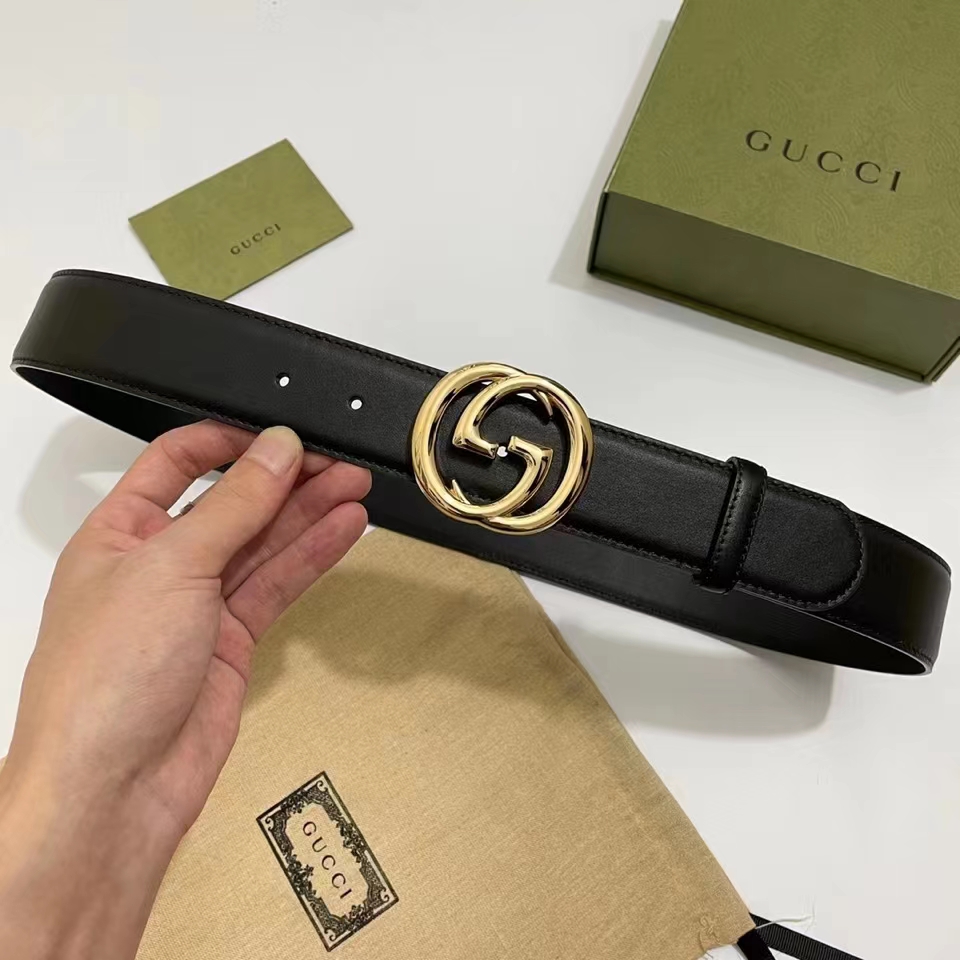 G*u*i unisex gg blondie belt round interlocking g buckle black leather 4 cm width