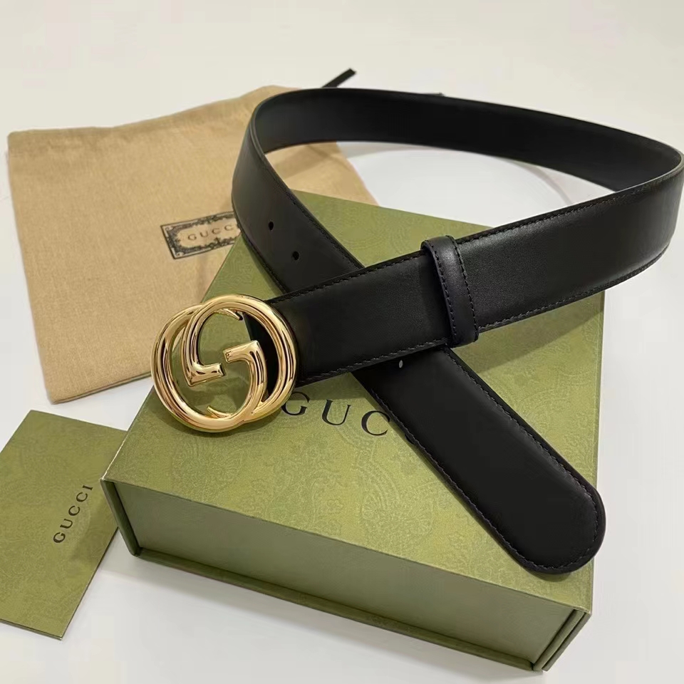 G*u*i unisex gg blondie belt round interlocking g buckle black leather 4 cm width