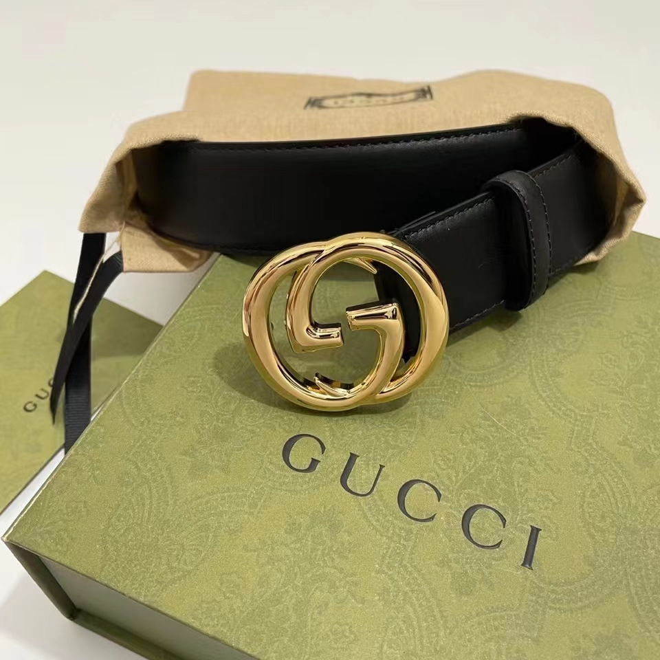 G*u*i unisex gg blondie belt round interlocking g buckle black leather 4 cm width