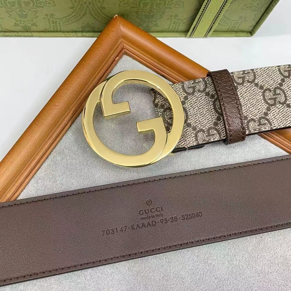 G*u*i unisex gg blondie belt round interlocking g buckle ebony beige supreme canvas
