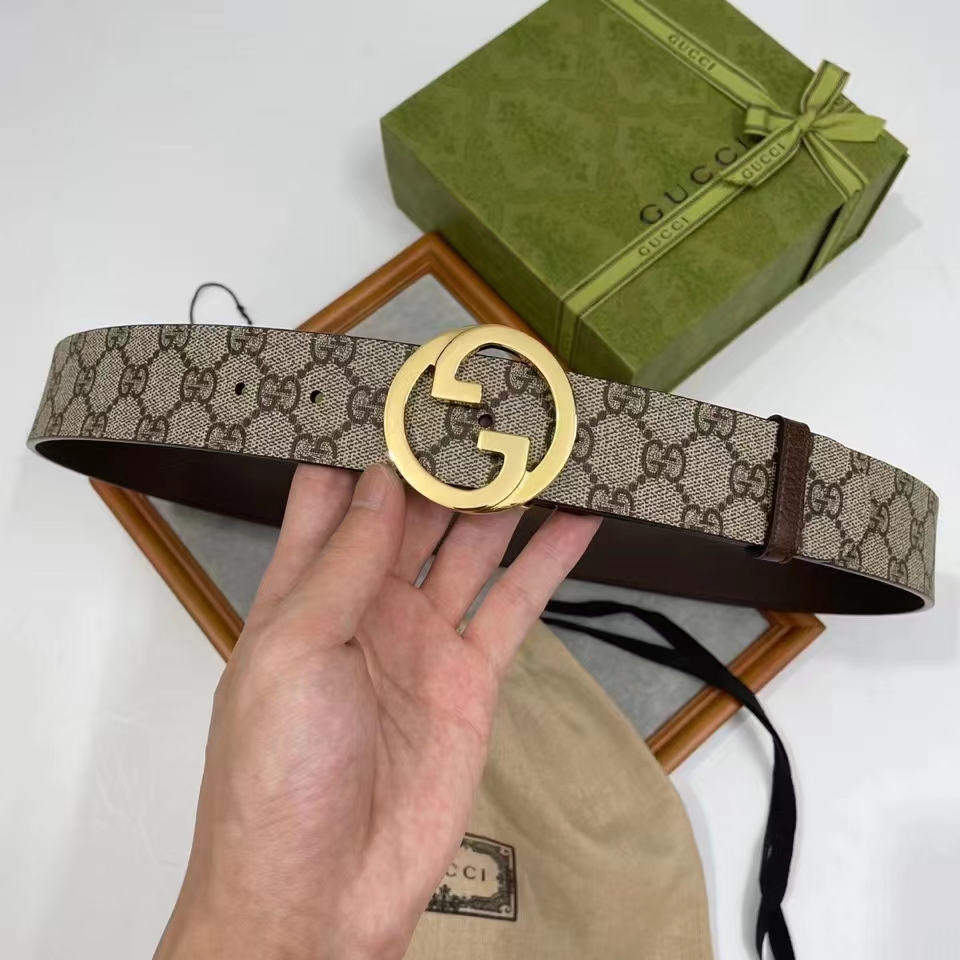 G*u*i unisex gg blondie belt round interlocking g buckle ebony beige supreme canvas