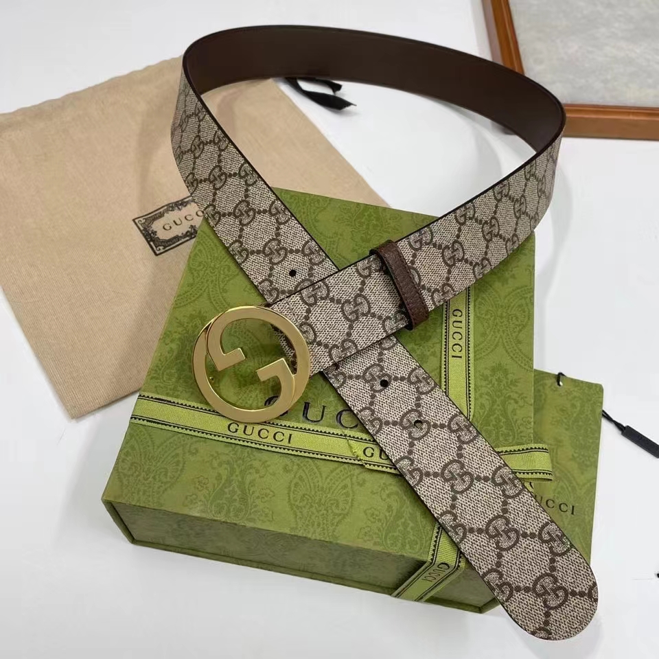 G*u*i unisex gg blondie belt round interlocking g buckle ebony beige supreme canvas