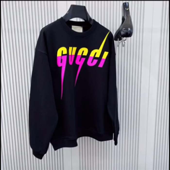 G*u*i men gg cotton jersey printed sweatshirt black felted blade print crewneck long sleeves