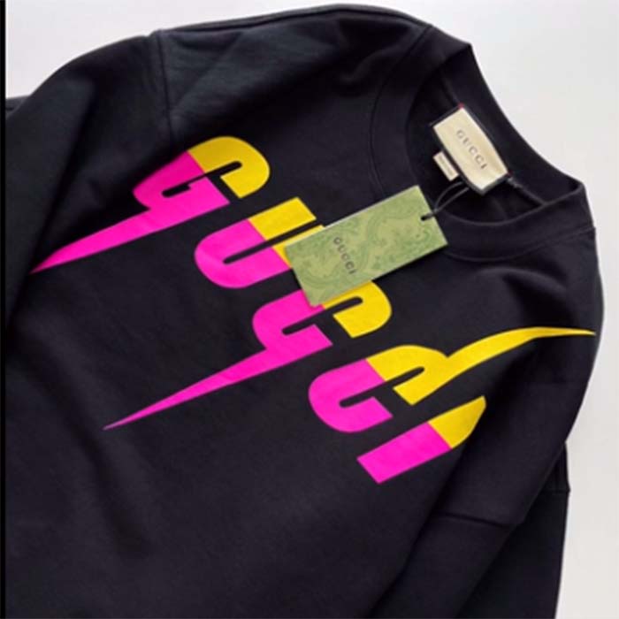 G*u*i men gg cotton jersey printed sweatshirt black felted blade print crewneck long sleeves