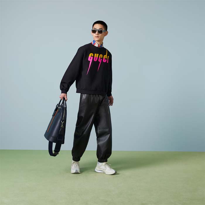 G*u*i men gg cotton jersey printed sweatshirt black felted blade print crewneck long sleeves