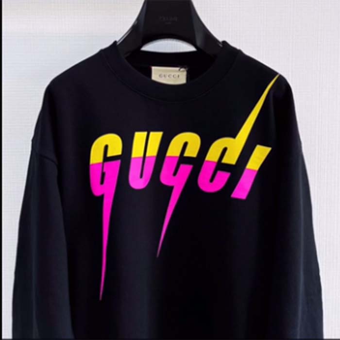 G*u*i men gg cotton jersey printed sweatshirt black felted blade print crewneck long sleeves