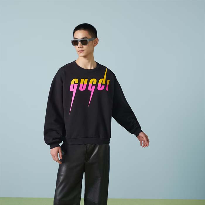 G*u*i men gg cotton jersey printed sweatshirt black felted blade print crewneck long sleeves