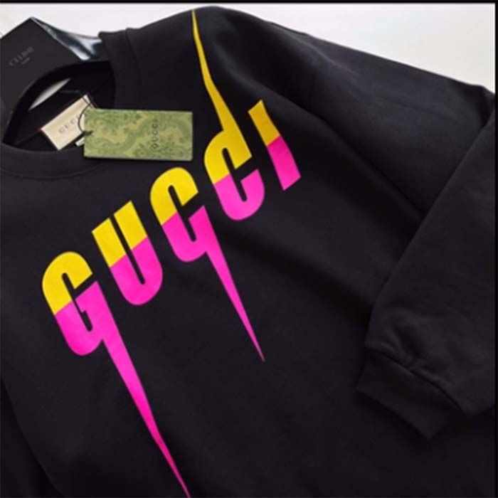 G*u*i men gg cotton jersey printed sweatshirt black felted blade print crewneck long sleeves