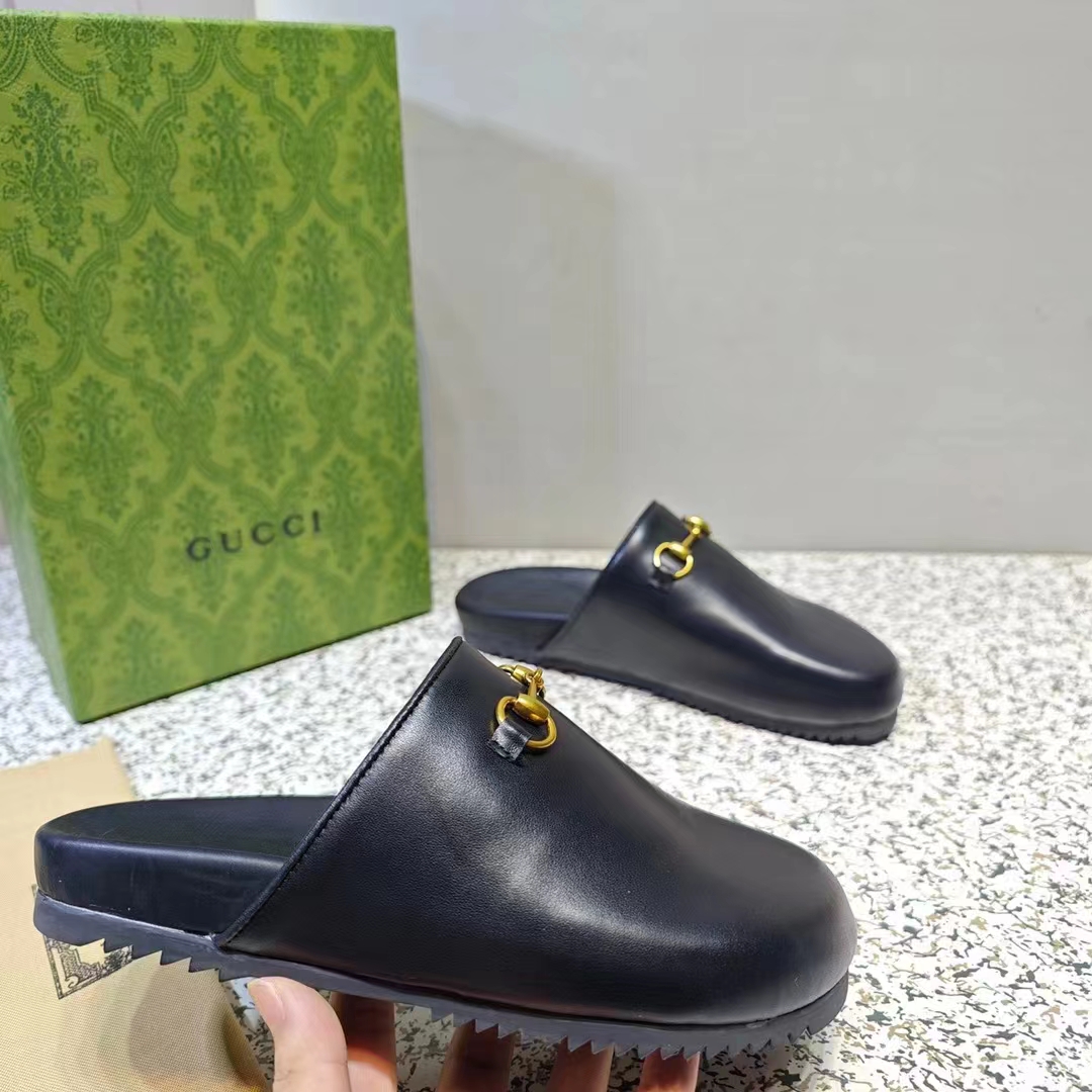 G*u*i unisex gg horsebit slipper black leather gold-toned hardware flat 2 cm heel