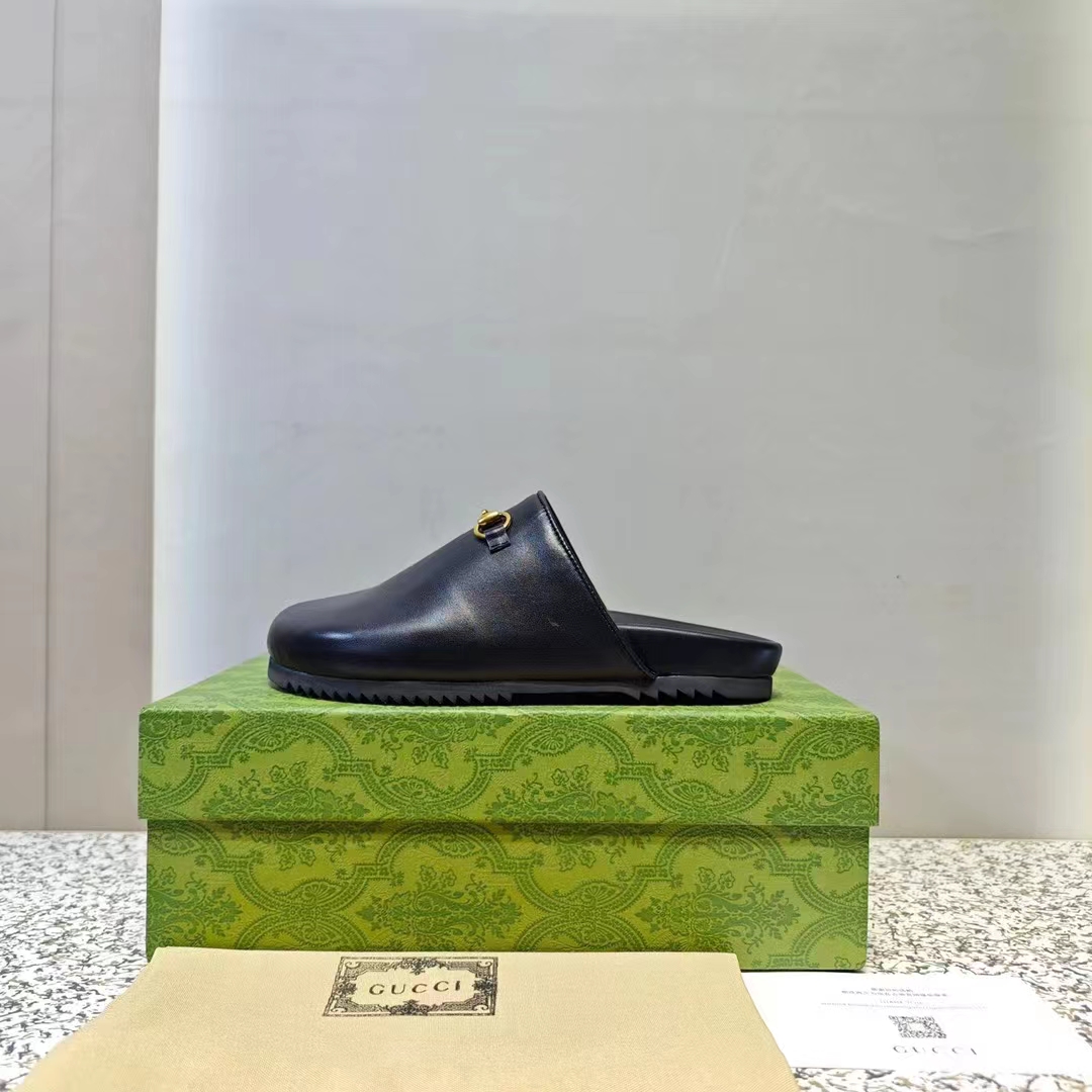 G*u*i unisex gg horsebit slipper black leather gold-toned hardware flat 2 cm heel