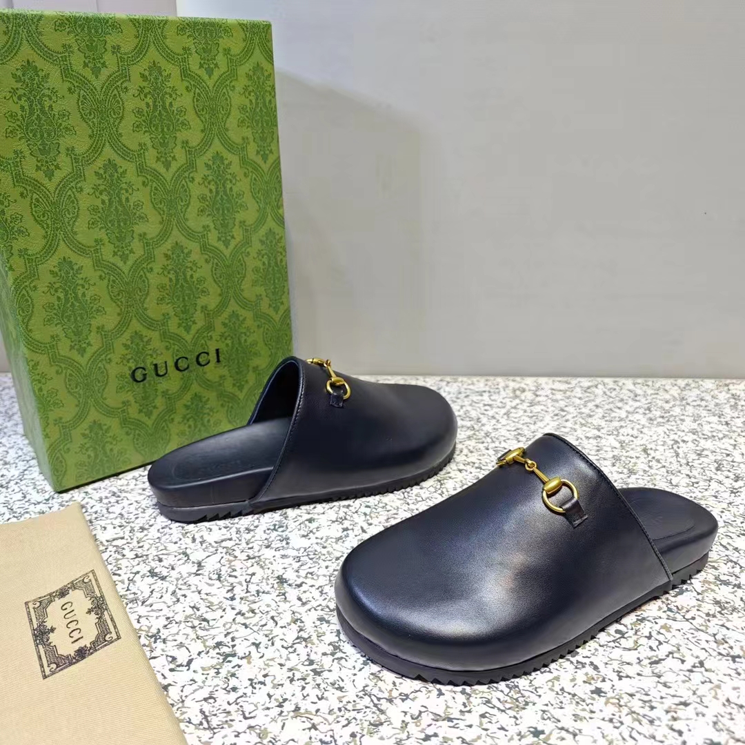 G*u*i unisex gg horsebit slipper black leather gold-toned hardware flat 2 cm heel