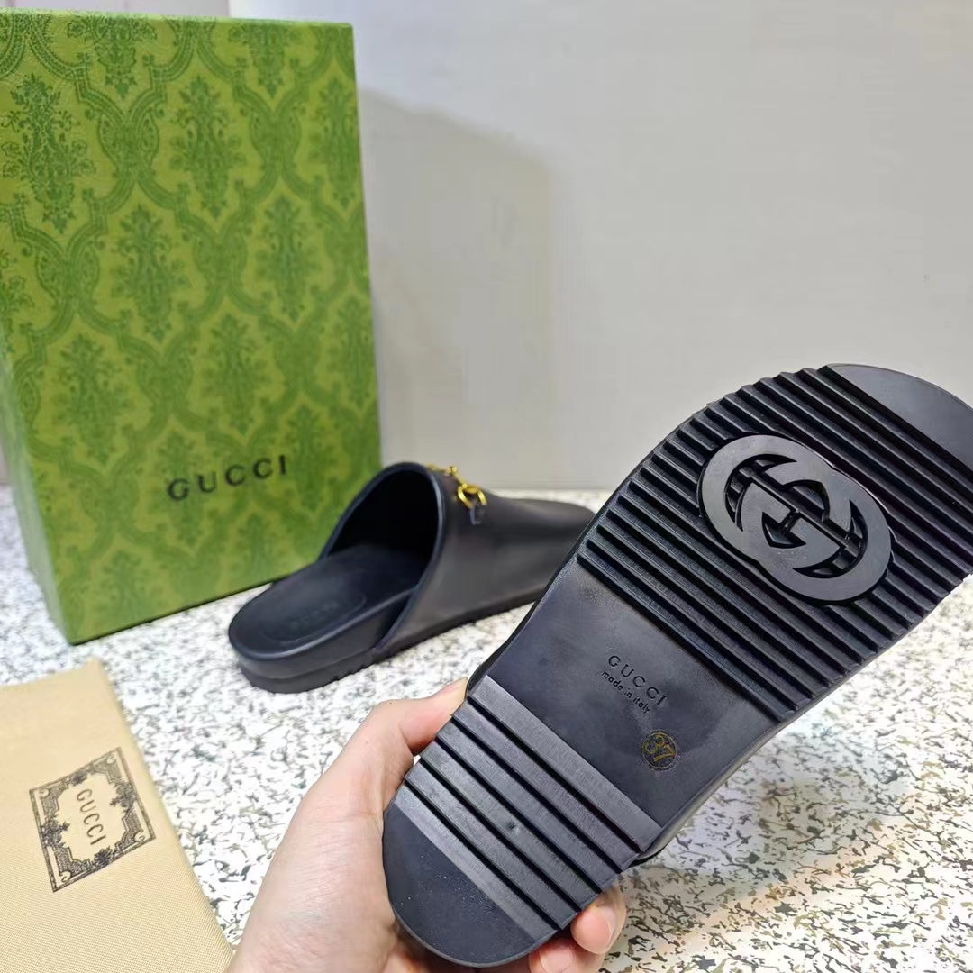 G*u*i unisex gg horsebit slipper black leather gold-toned hardware flat 2 cm heel