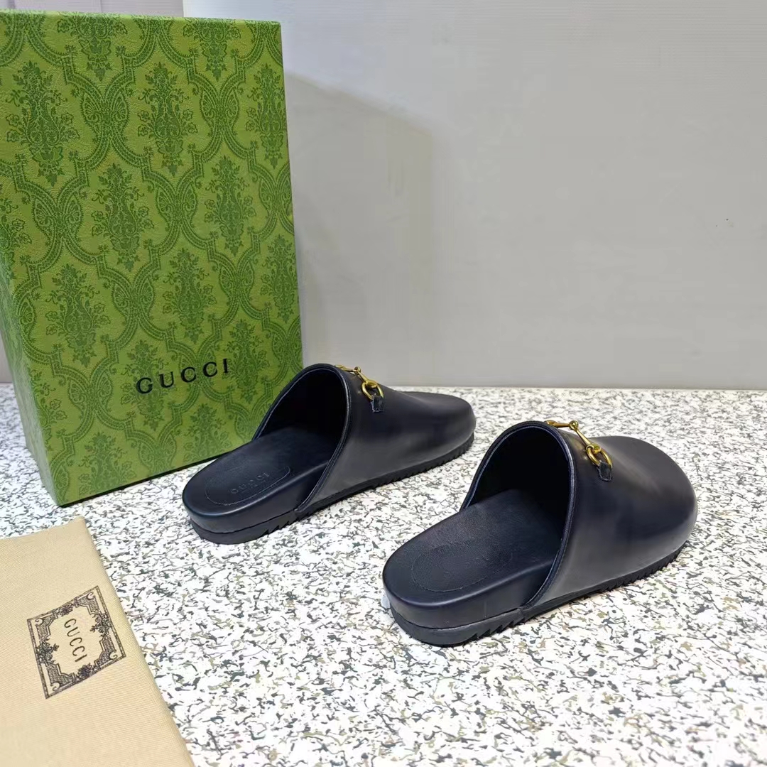 G*u*i unisex gg horsebit slipper black leather gold-toned hardware flat 2 cm heel