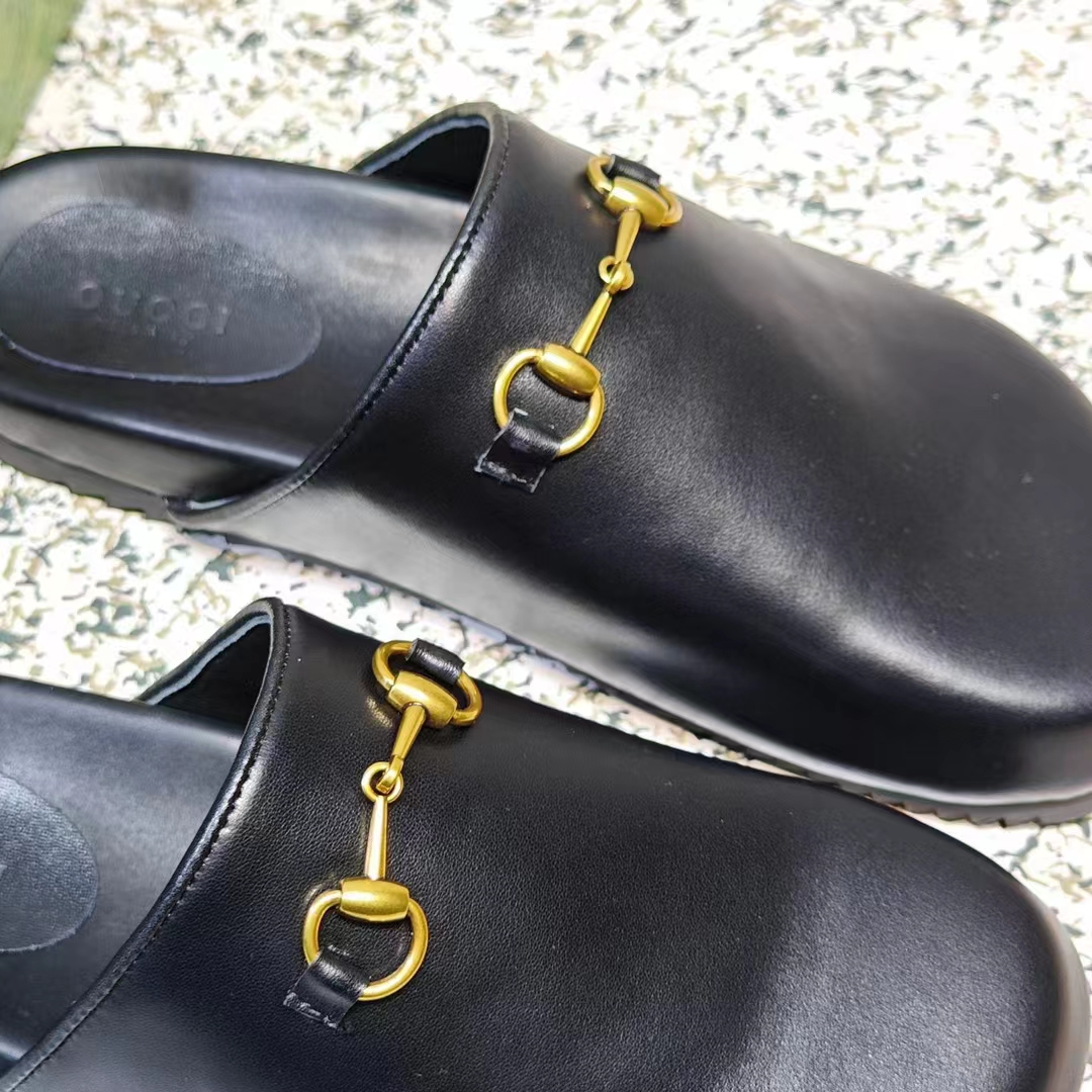 G*u*i unisex gg horsebit slipper black leather gold-toned hardware flat 2 cm heel