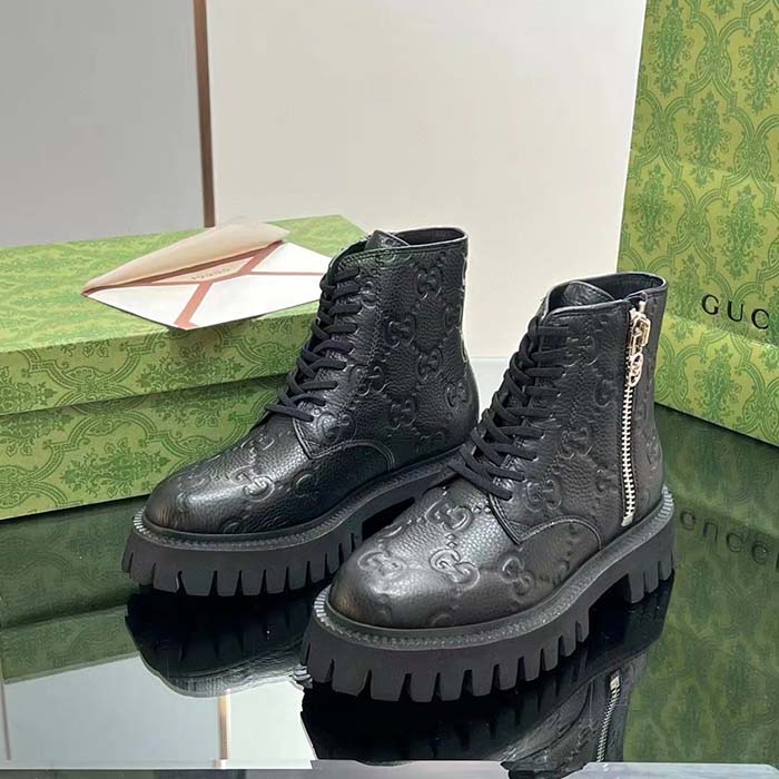 G*u*i unisex gg leather boots rubber lug sole lace-up interlocking g flats